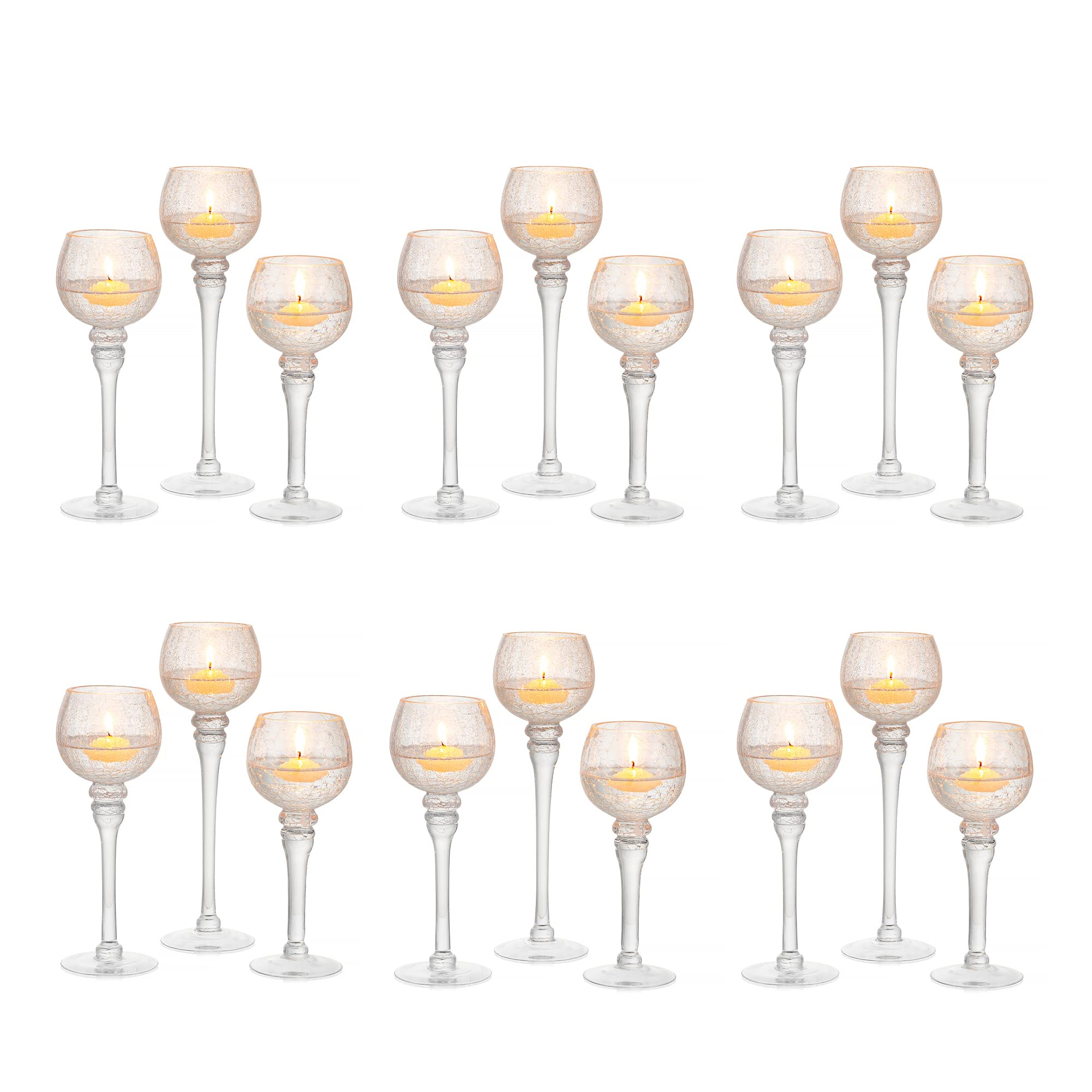 Romadedi Candle Holder Glass Tealight - Decorative Votive Floating Tea Light Holders Stemmed Set of 3 for Wedding Centerpiece Home Room Decor Crackled Clear, 6 Set