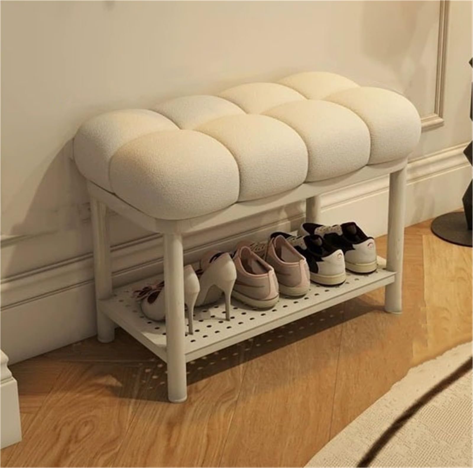 SDCFFC Upholstered Entryway Shoe Rack Bench Shoe Storage Bench with Open Storage Shelves Modern Ottoman Bench Shoe Organizer for Hallway Living Room,Ideal for Home