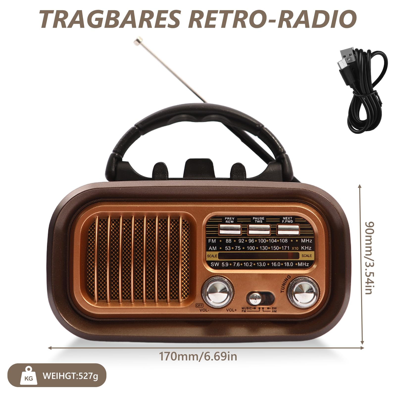 Retro Radio mit Bluetooth, AM/FM/SW Retro Radio Klein Solar Tragbarer Bluetooth Lautsprecher mit 1200mAh Akku, Unterstützt USB/TF, Vintage Radios für Zuhause, Büro, Outdoor