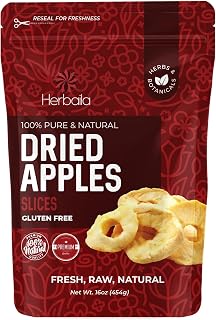 Herbaila Dried Apple Slices 1lb (16oz) - No Sugar Added, Chewy Soft, Gluten-Free Bulk Snacks for Baking & Hiking