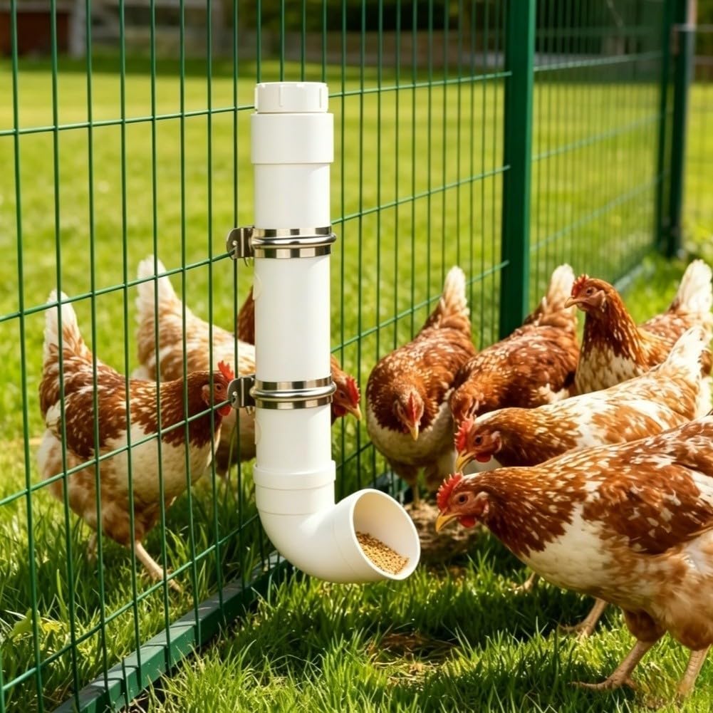 Mangiatoia automatica per polli, tubo in PVC da appendere, design resistente, tubo per mangime per pollame, per fattoria, bianco, 49 cm, kit con morsetti di montaggio, viti e guanti inclusi