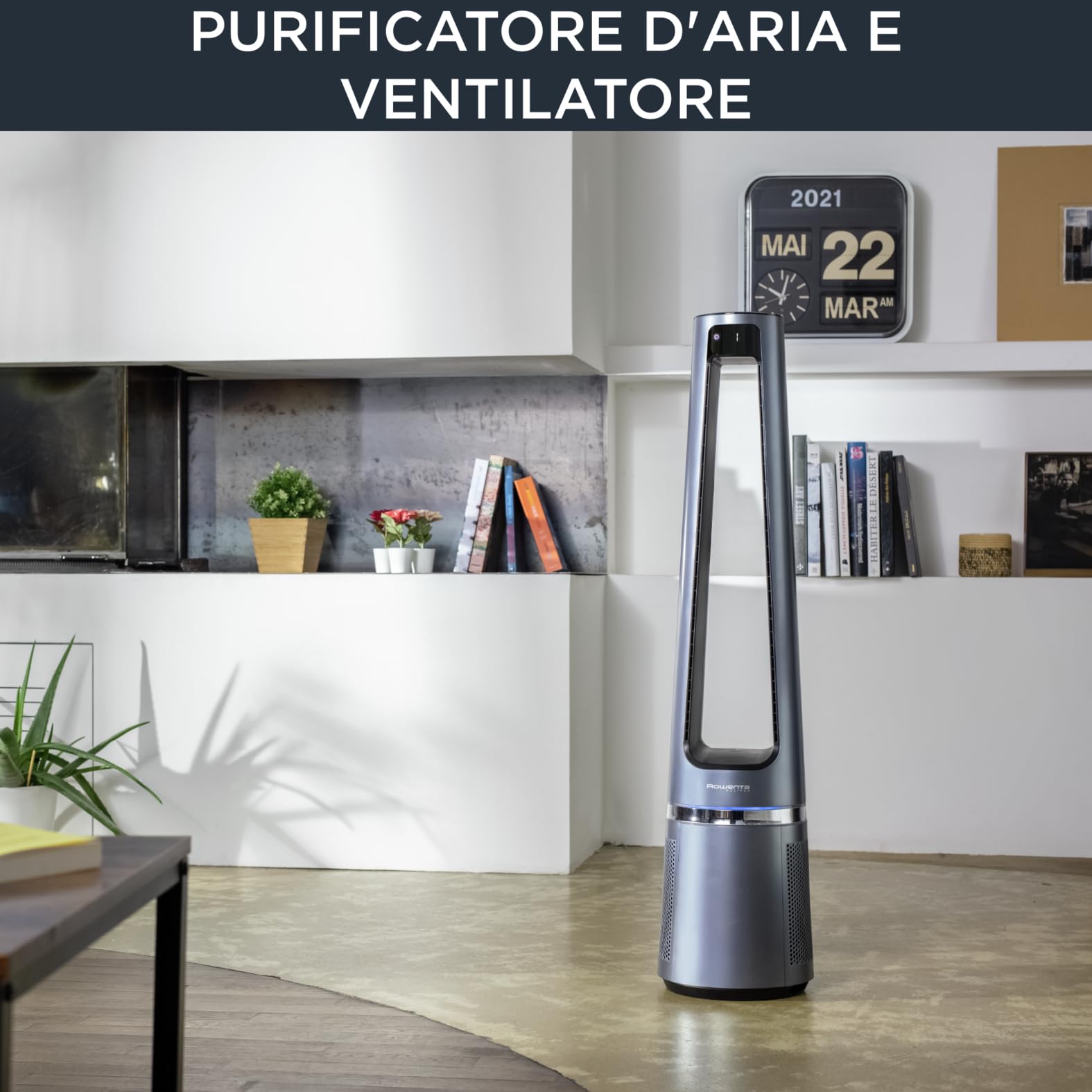 Rowenta Eclipse QU5030, 2in1 Purifica e rinfresca, purificatore d'aria, elevata efficacia di filtrazione, ultra silenzioso, oscillazione a 12 velocità, programmabile, raggio d'azione 8 m, Argento
