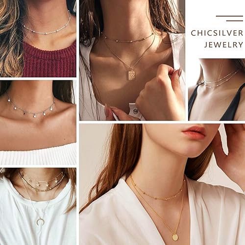 Miniatura 2 de ChicSilver Gargantilla de cadena de plata de ley 925, delicado collar de satéliteestrelladiscocorazóncruz de 13 pulgadas (con caja de regalo)