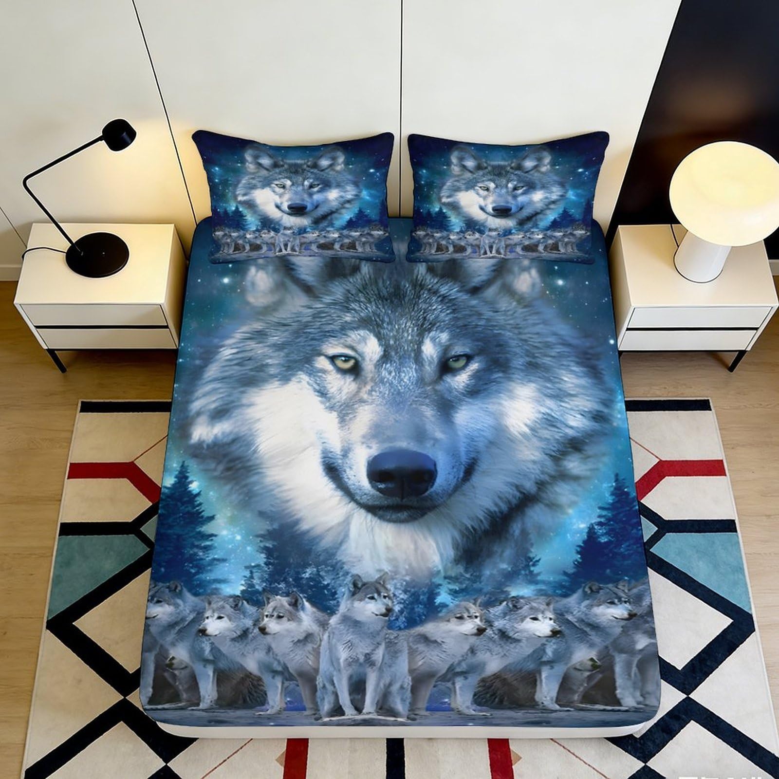 3D Printed Wolf Night Fitted Sheet Microfiber Soft Breathable Starry Sky Bed Cover for Bedroom Dormitory Guest Room Mattress Protection Decor 120x200x25cm