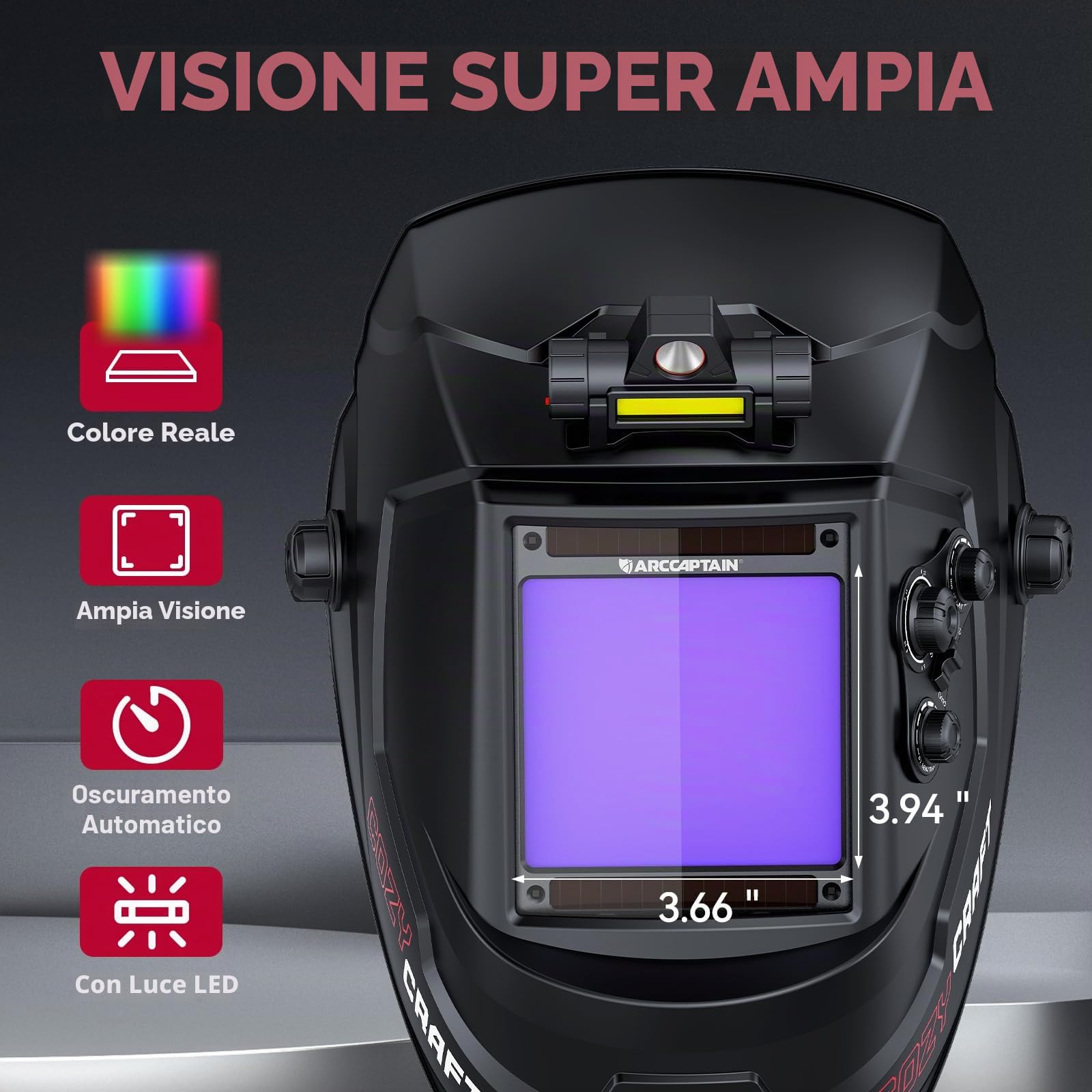 ARCCAPTAIN 10 x 9,3 cm, casco per saldatura auto oscurante, ad energia solare, cappuccio per saldatura a colori veri, casco per saldatore con chiarezza ottica 1/1/1/1, 4 sensori ad arco largo 4/5-9/9