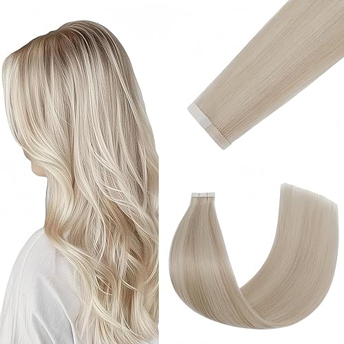 Miniatura 10 de FUOTONBUTY Extensiones de cabello humano con cinta adhesiva, color rubio platino, 14 pulgadas, 20 unidades, 1.41 oz, extensiones de cabello humano
