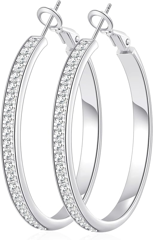 Large Rhinestone Hoops Sparkly Big CZ Hoop Earrings for Women Non Tarnish 925 Sterling Silver/Gold Plated Rhinestone Earrings for Sensitive Ears 20/30/40/50/60/70mm