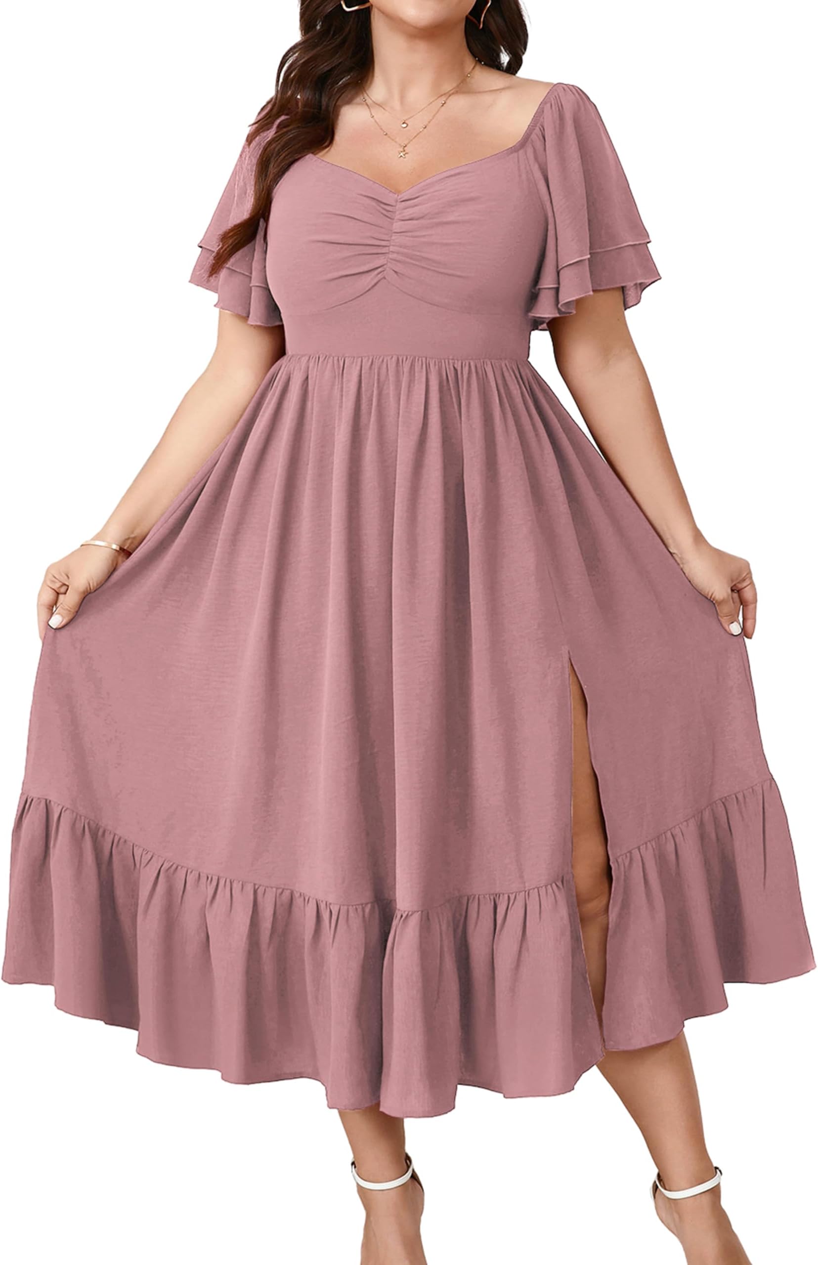 Womens Plus Size Wedding Guest Cocktail Dresses Sweetheart Neckline Short Sleeve Smocked Ruffle Slit Maxi Dress