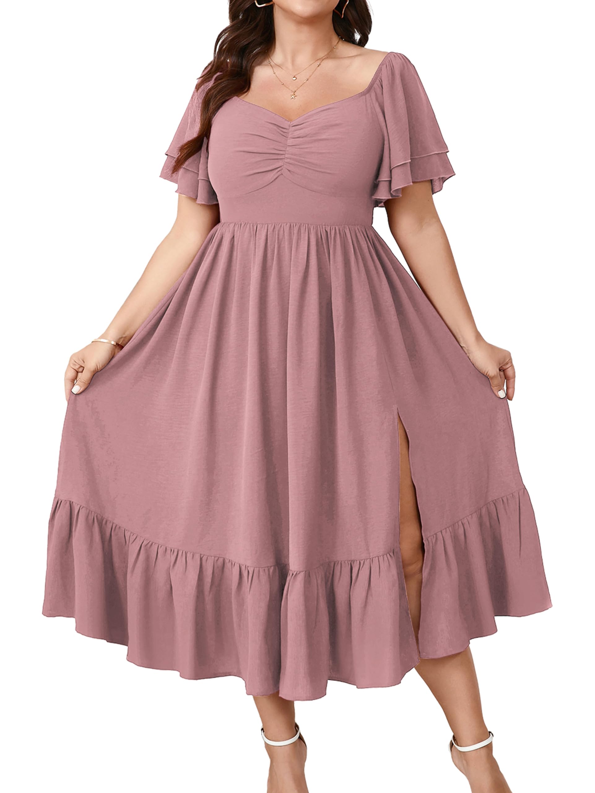 Womens Plus Size Wedding Guest Cocktail Dresses Sweetheart Neckline Short Sleeve Smocked Ruffle Slit Maxi Dress