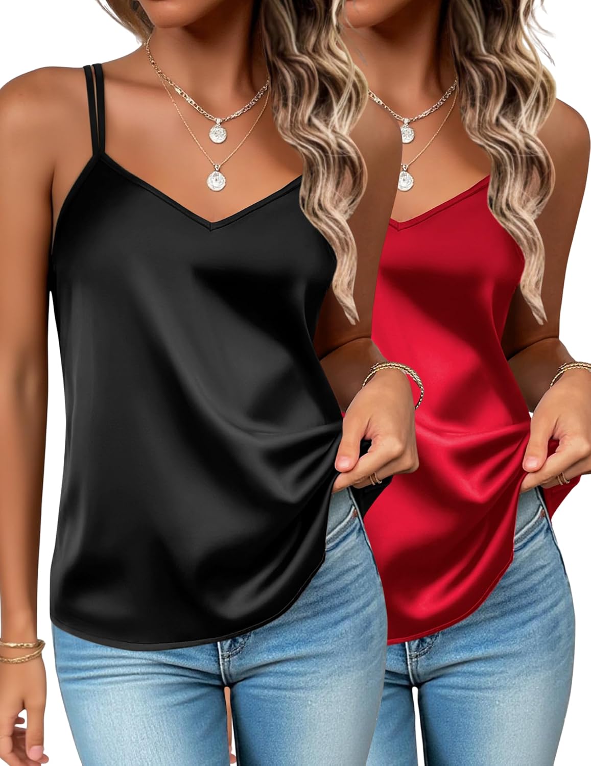 Zeagoo Silk Camisole Tops for Women 2026 V Neck Satin Tank Top Spaghetti Strap Cross Back Sleeveless Summer Blouses