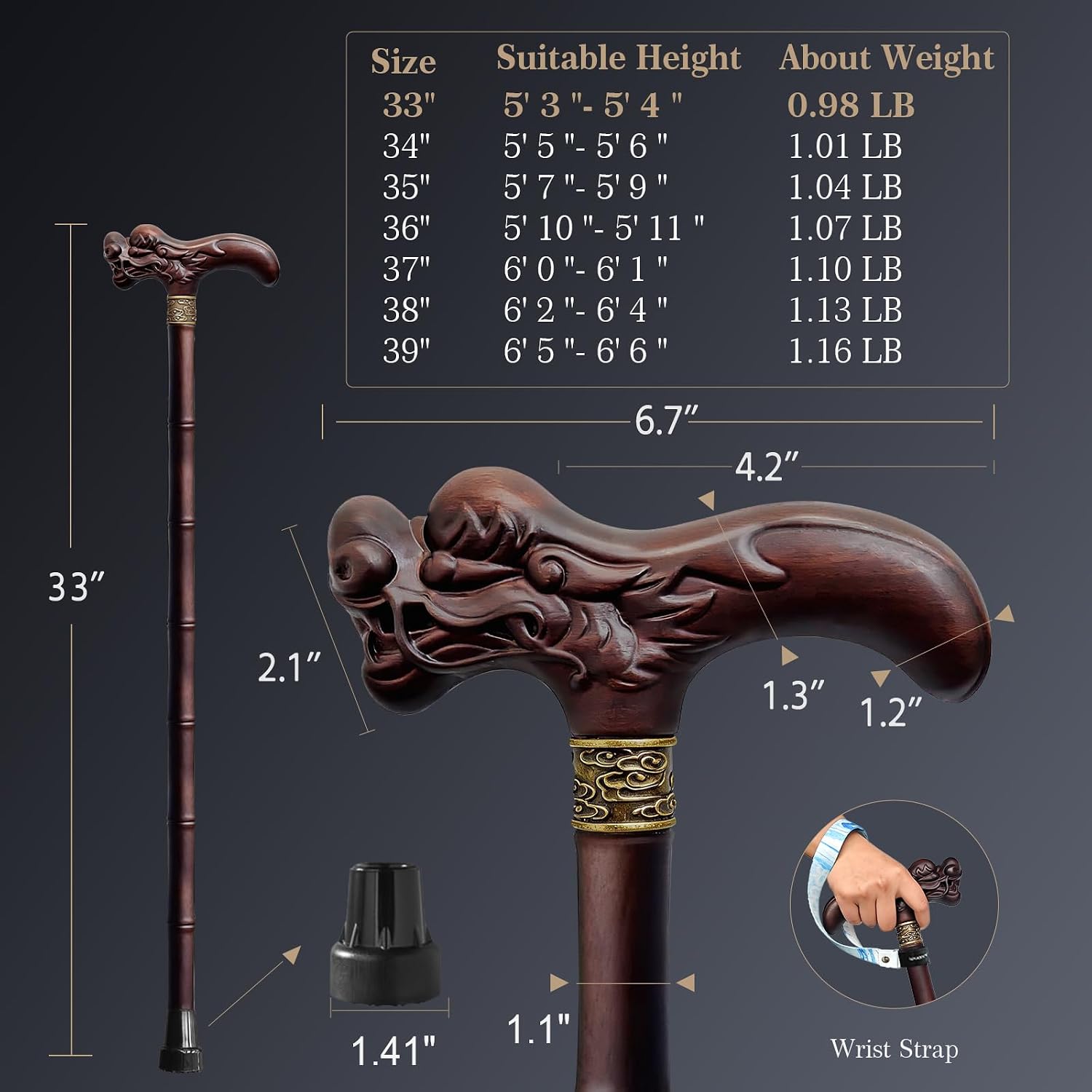 Wooden Walking Cane 3D Carved Dragon Cane 33–39 Inches Available