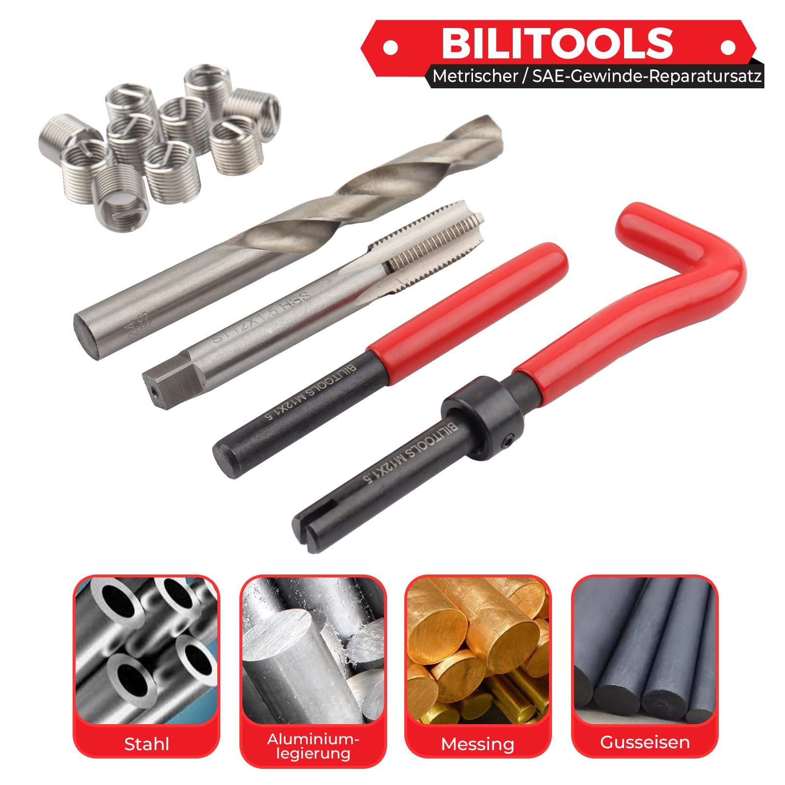 BILITOOLS M8x1,25 Gewindereparatursatz | Helicoil Edelstahl Gewindeeinsätze mit HSS Bohrer & Einbauwerkzeug