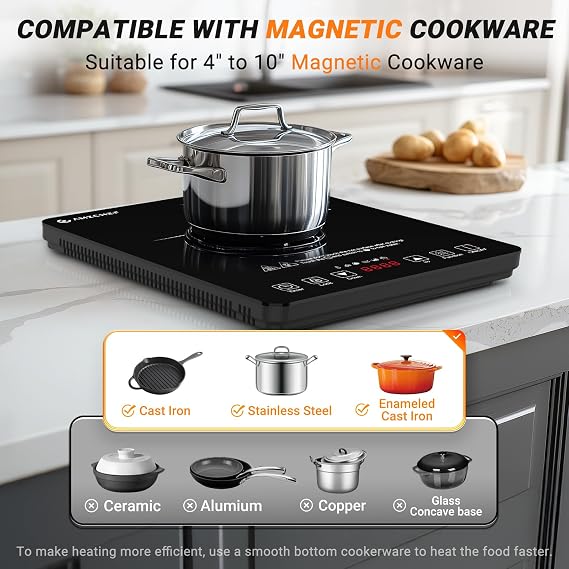 AMZCHEF Portable Induction Cooktop 20 Temperature & Power Levels, 1800W Induction Stove Burner with 6.8 Heating Coil, Low Noise Hot Plate Single Electric Cooktops Countertop Stove with Timer
