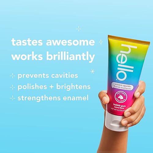 Miniatura 6 de hello surtido (unicornio, fresa, dragón) Pasta de dientes con flúor para niños, anticaries, sabores naturales, vegana, sin laurilsulfato de sodio o