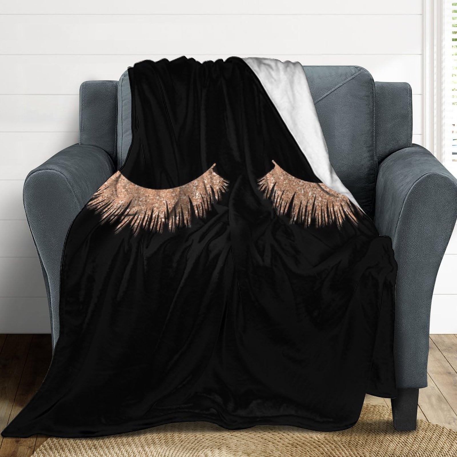 Manta de felpa para maquillaje de pestañas, color negro, elegante, suave y acogedora manta de franela para todas las estaciones para sofá cama, 60 x 80 pulgadas
