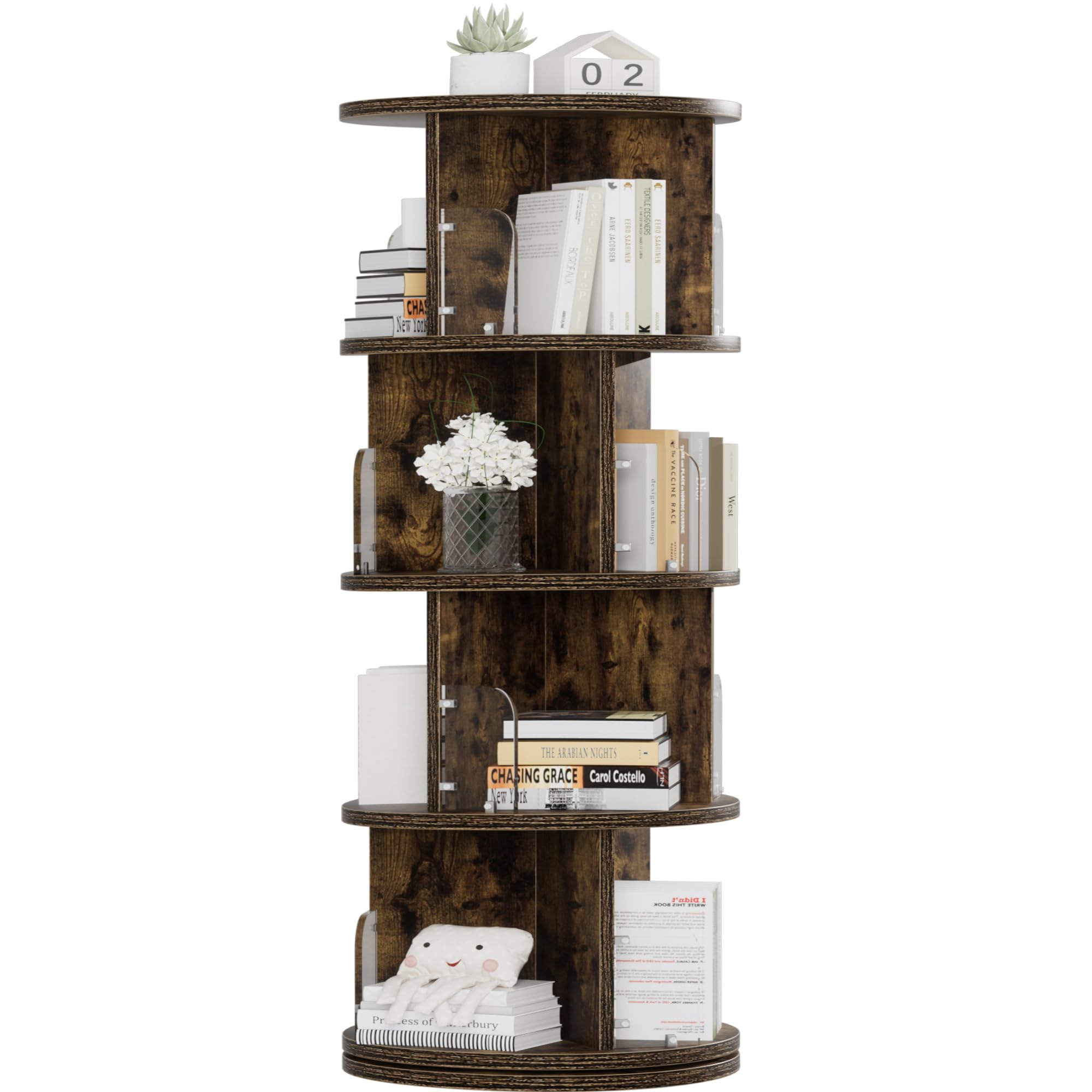 VECELO 4 Tier Revolving Bookshelf Tower, 360° Display Floor Standing Storage Rack with Acrylic Visible Window Partition for Bedroom, Living Room Home