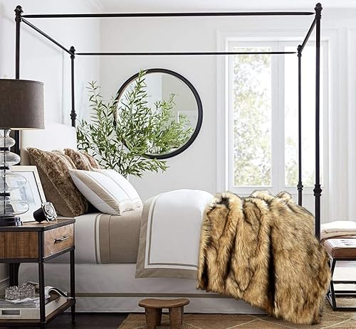 Miniatura 5 de Manta de felpa de piel sintética, de pelo largo, color amarillo dorado con puntas negras, súper cálida, esponjosa, elegante, esponjosa, manta