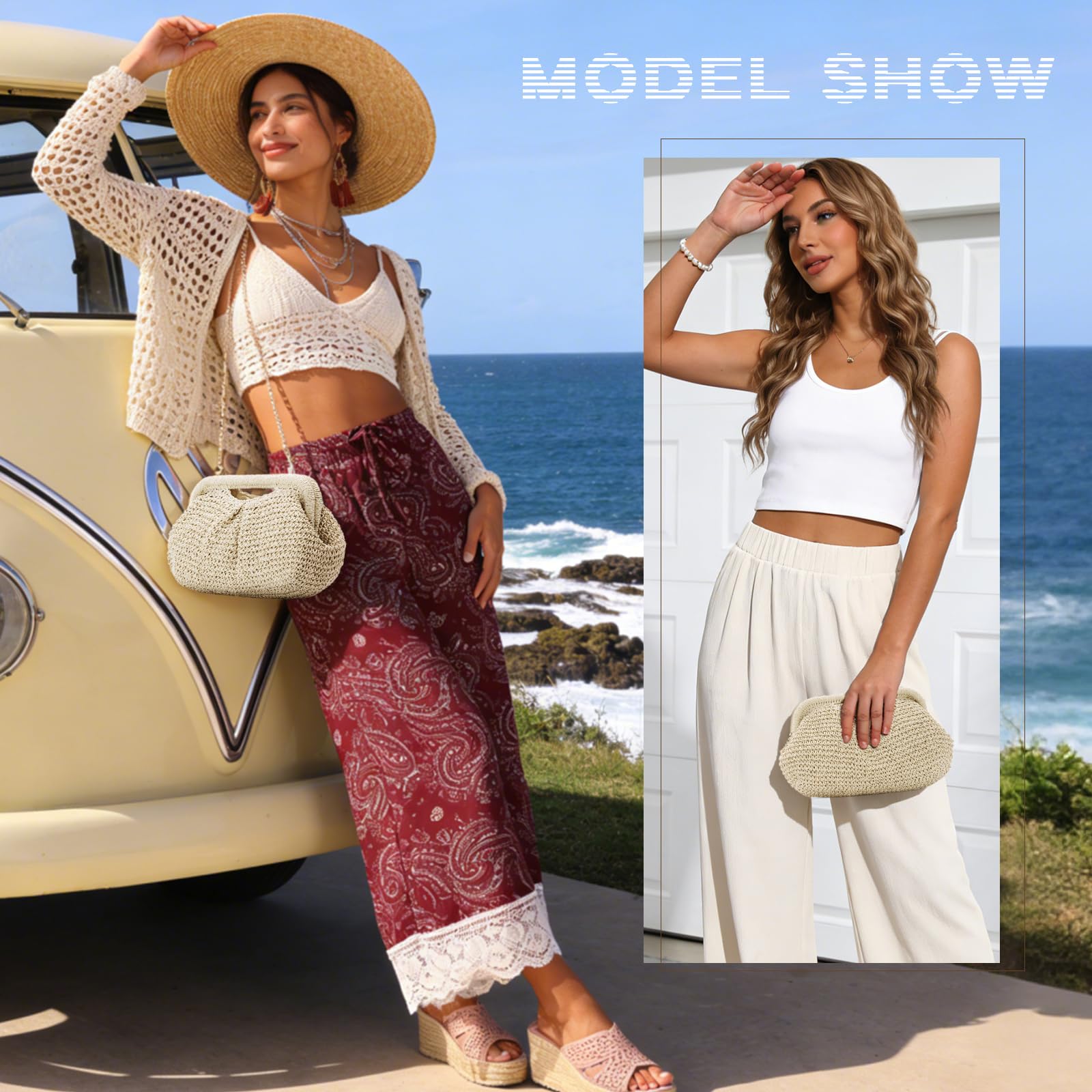 Bolso de Mano de Paja para Mujer Bolso de Playa de Verano Bolso Tejido Cloud Dumpling Bolso Bandolera para Viajes de Vacaciones