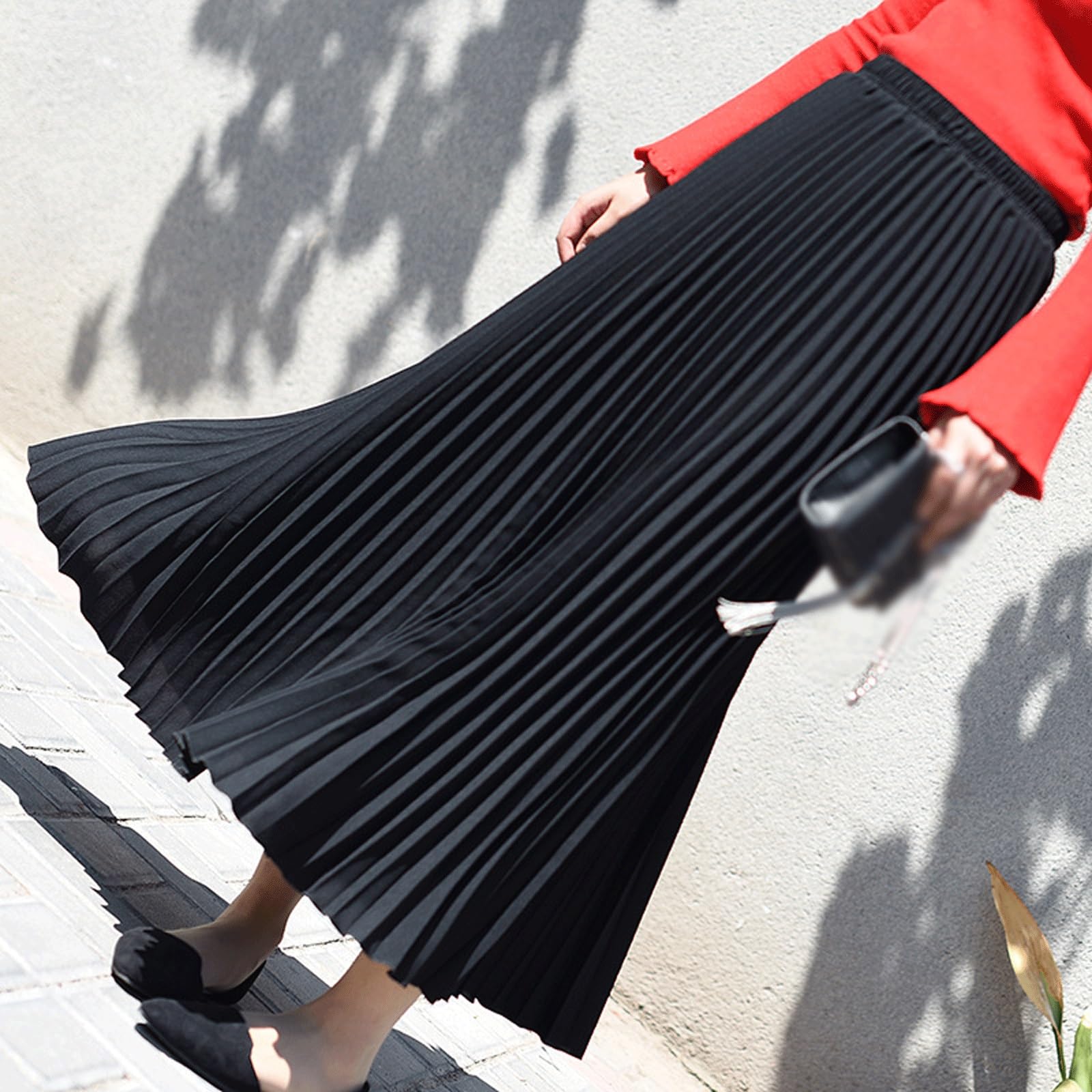 DUddTTW Beach Women's Midi Skirt Flared Maxi Skirts Pleated Ankle Length Skirts Midi Length Flowy Skirt High Waisted Swing Skirt Elastic(Nero,90cm)