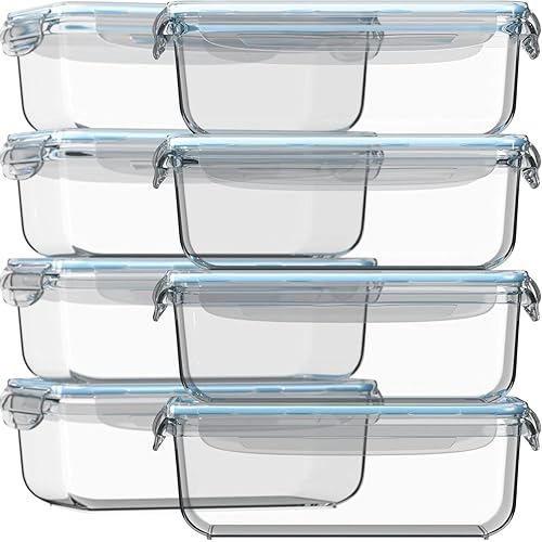 Razab 16 Pc (Set of 8) 30 Oz Glass Meal Prep Containers with Lids, Airtight Large Glass Food Storage Containers, Reusable Leak Proof BPA Free, Freezer to Oven and Dishwasher Safe