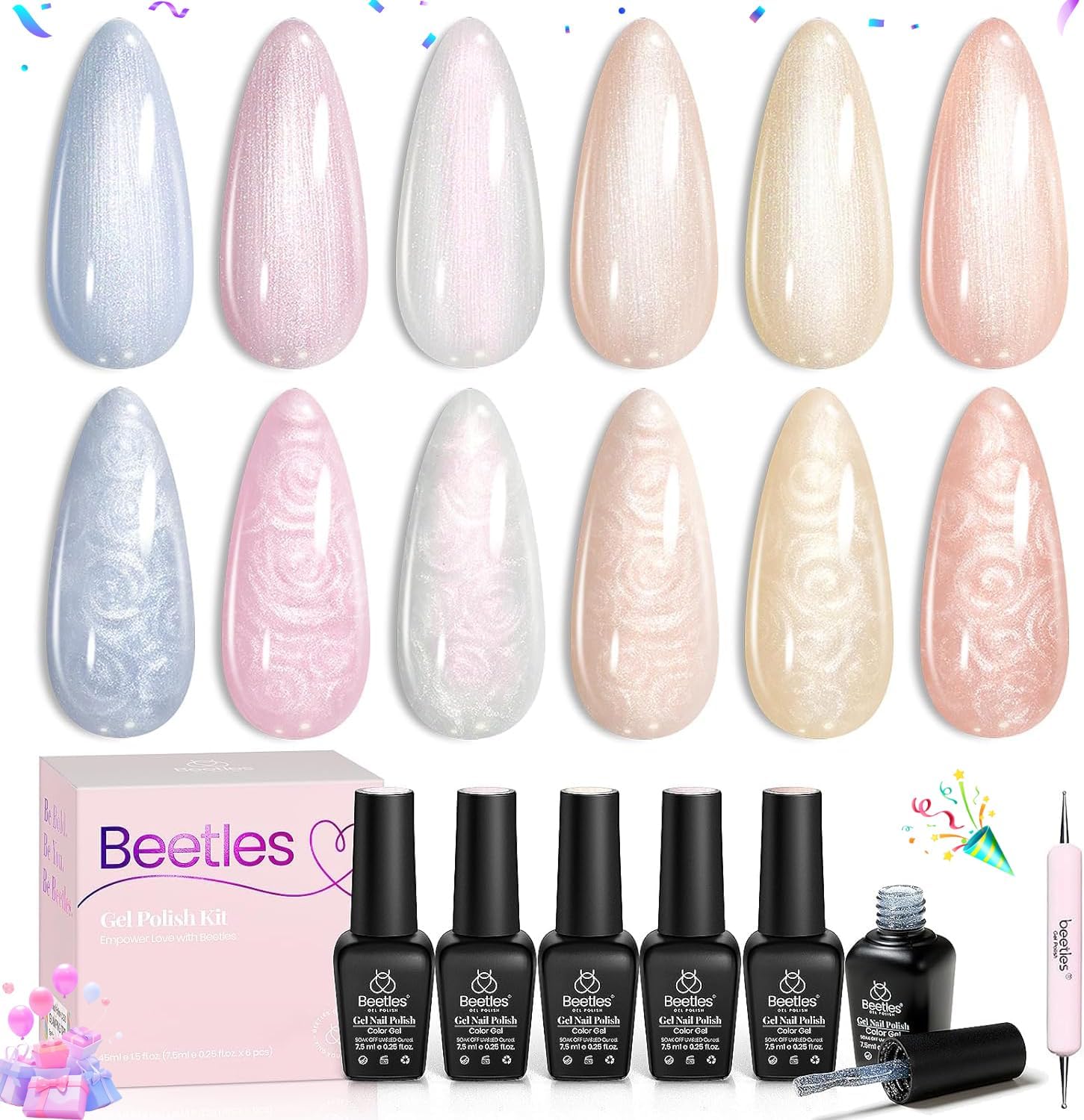 Beetles Gel Nail Polish,6 Colours Pearl Shimmer Mermaid White Pink Blue Glitter Shell Swirl Thread Effect Soak Off UV LED Gel for Salon Home DIY Manicure Gifts for Her