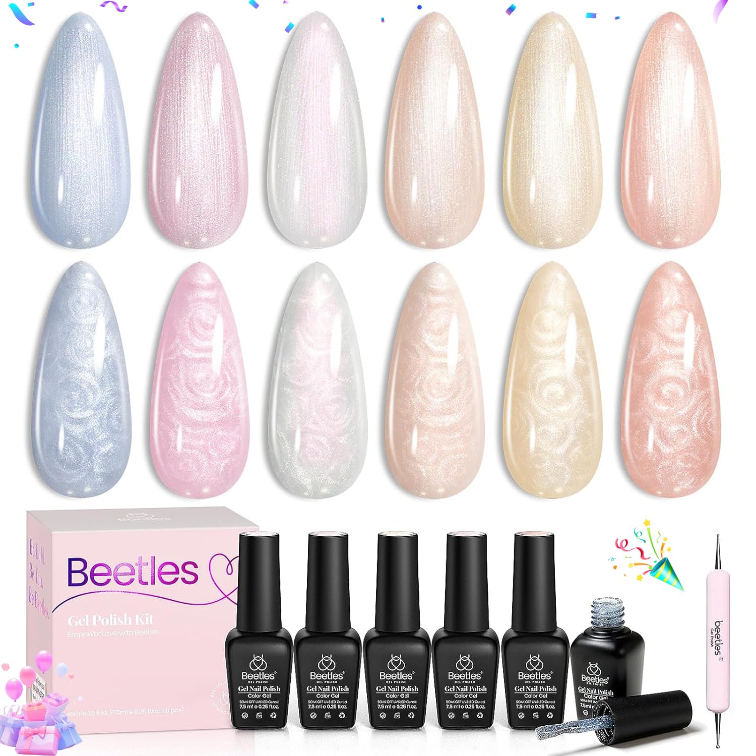 Beetles Gel Nail Polish,6 Colours Pearl Shimmer Mermaid White Pink Blue Glitter Shell Swirl Thread Effect Soak Off UV LED Gel for Salon Home DIY Manicure Gifts for Her