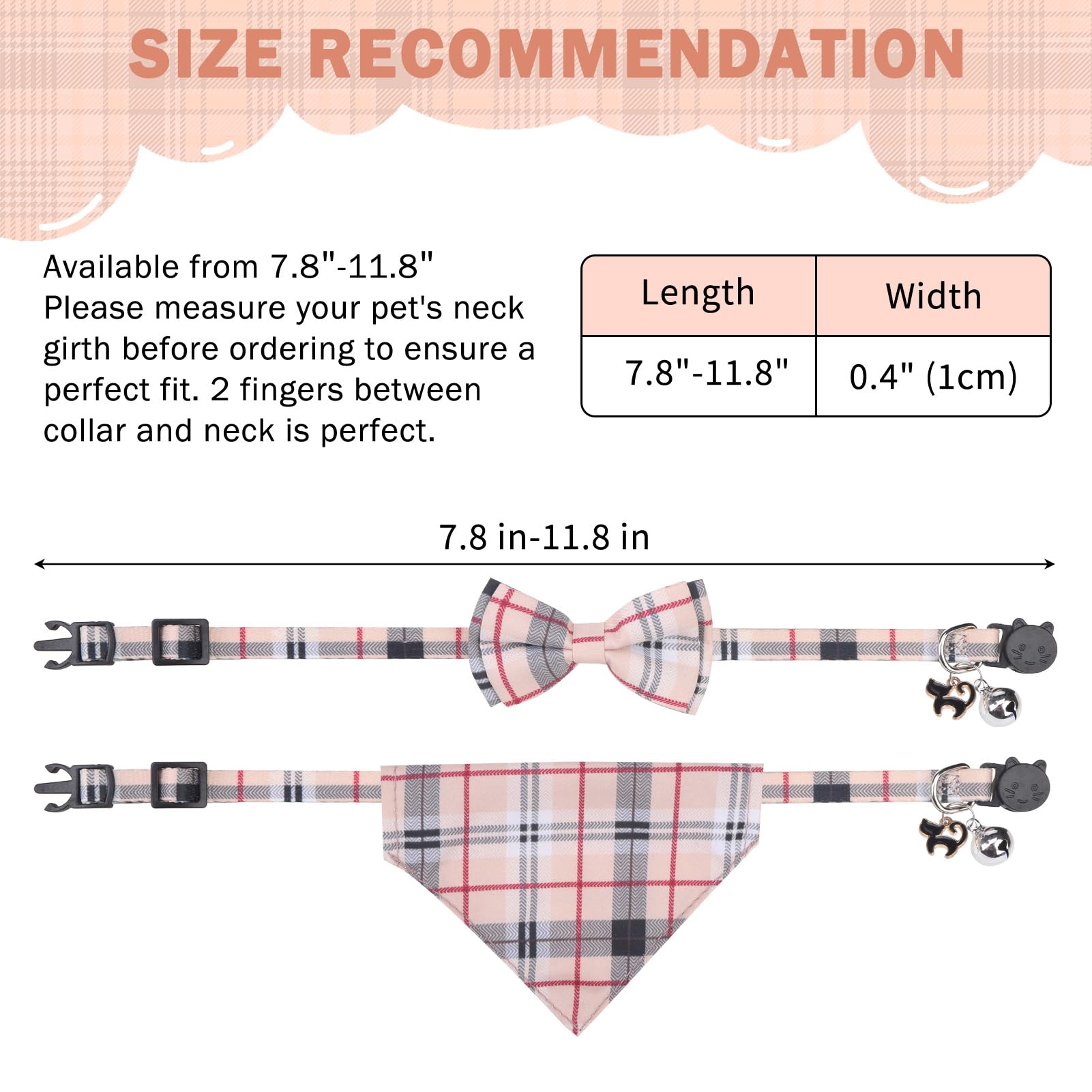 SCENEREAL Lot de 2 colliers pour chat avec clochettes, bandana amovible et réglable avec nœud papillon pour animaux de compagnie, petits chiens, garçons et filles, motif écossais beige