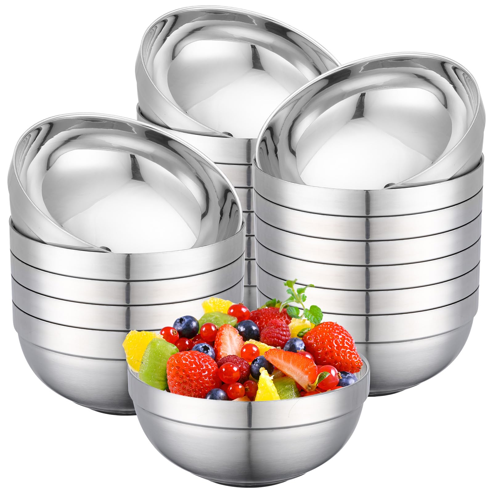 Lot de 20 bols en acier inoxydable en vrac, 610 ml, taille moyenne, SUS304, à double paroi, isothermes, empilables, en métal pour restaurant, salade, crème glacée, soupe, riz