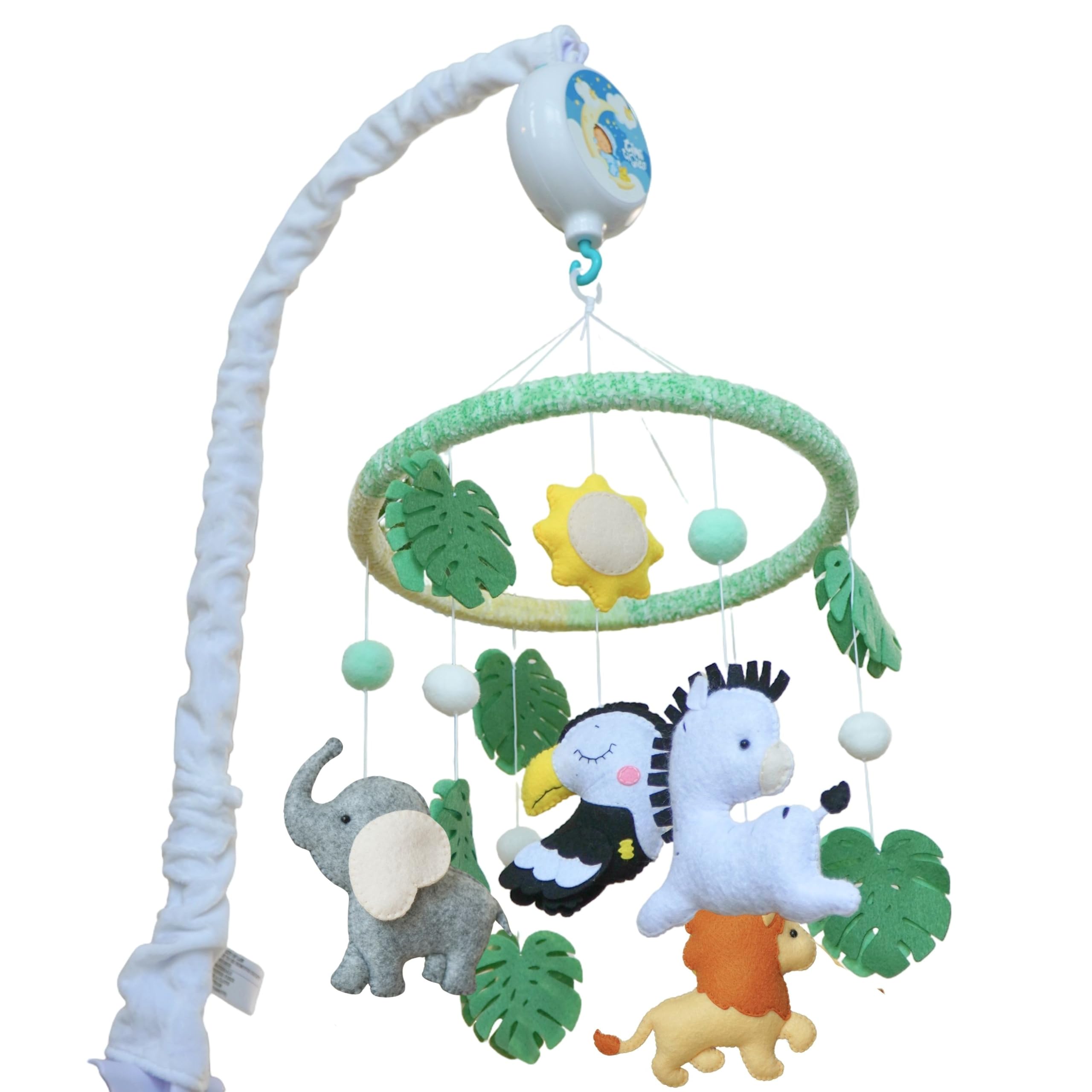 Giostrina per culla con elefante, zebra, leone, tucano, in feltro, fatta a mano, con 12 ninne nanne nella giungla, con 12 ninne nanne, idea regalo decorativa per la cameretta dei bambini