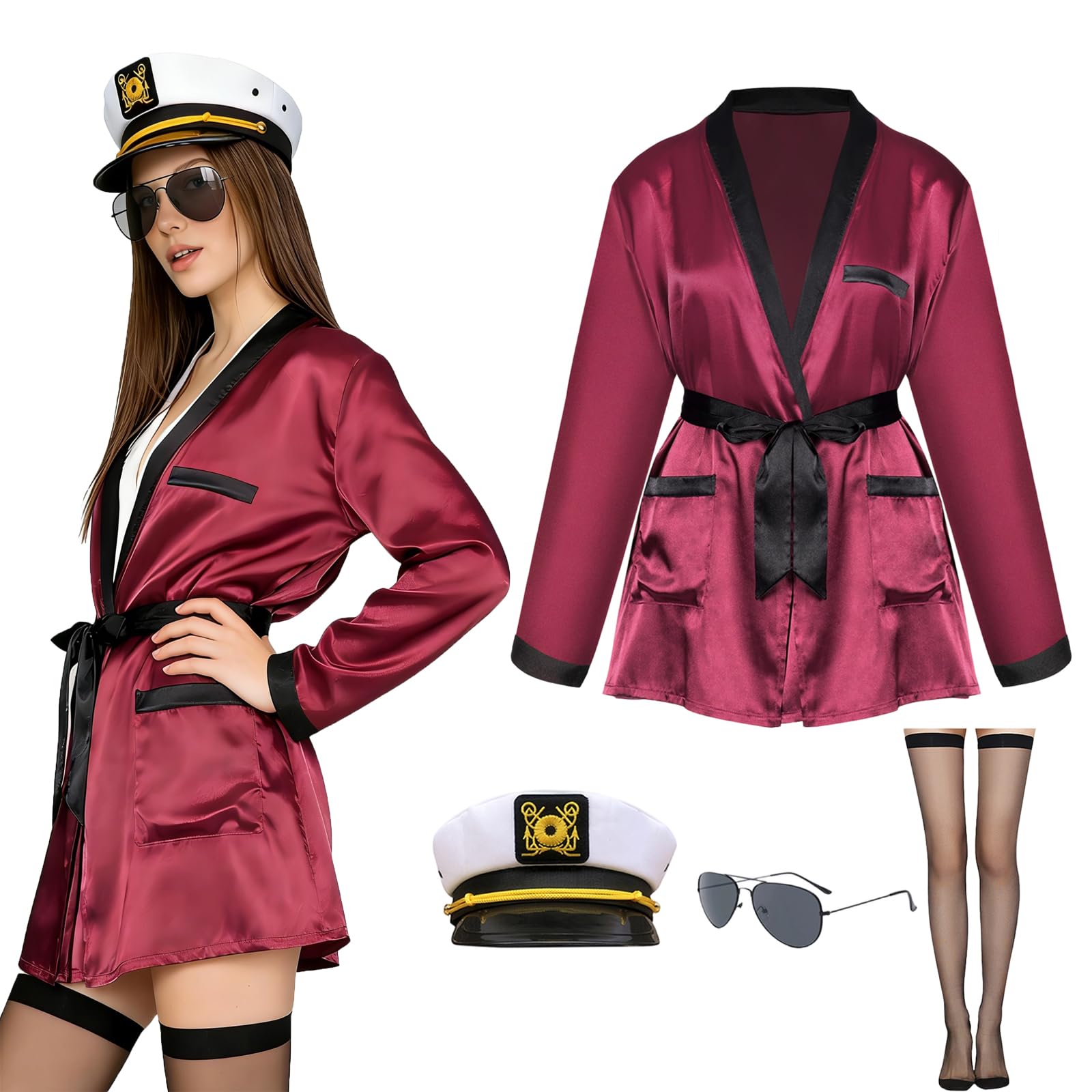 Womens Captain Accessory Costume Halloween Costume 5PCS Set Red Silk Tie Jacket Sleep Bathrobe, Lace Knee Length Stockings, Captain Hat, Sunglasses, Pipe Halloween Carnival Theme Party for Adul (M)