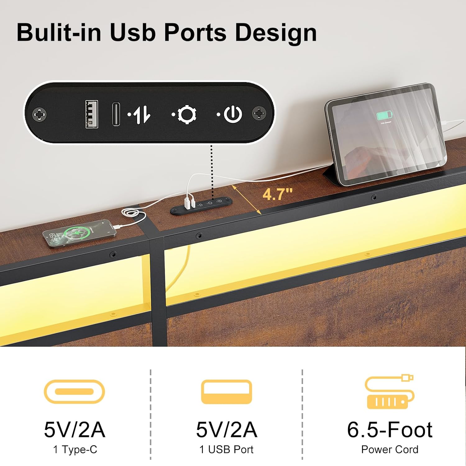 HAUSOURCE Queen Bed Frame with Headboard Double Bed Frame Queen Size with Headboard Meal Bed with LED Lights Charging Station No Box Spring Needed Noise Free Easy Assembly - Image 5
