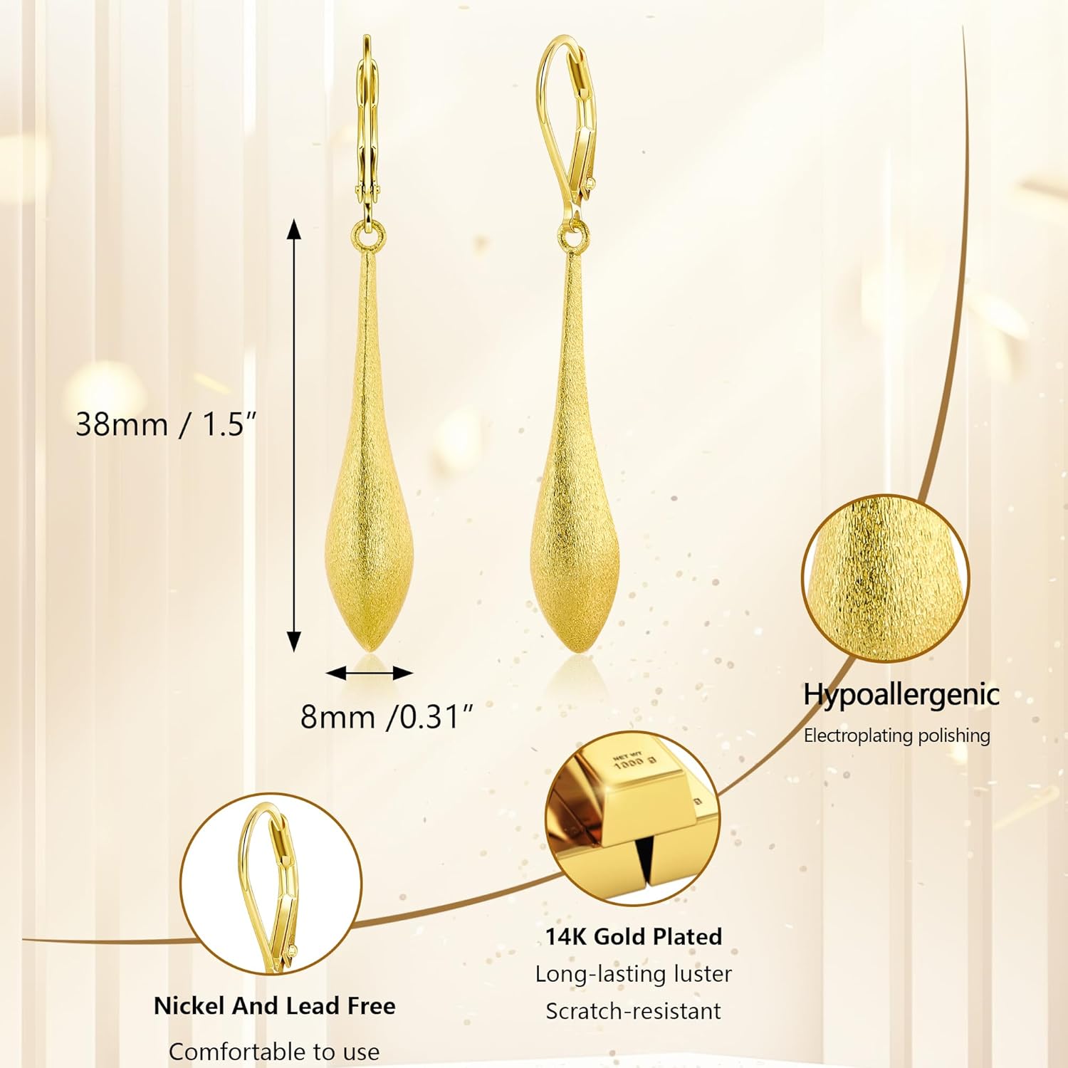 925 Sterling Silver Earrings Hypoallergenic Leverback 14K Gold Plated Dangle Teardrop Earrings for Women, ALEXCRAFT Brushed Matte Silver Teardrop Earring Long Drop Dangling Dangly Earings - Image 5
