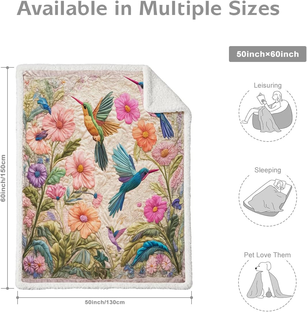 Garden Floral Hummingbird Throw Blanket Soft Plush Fleece Warm Cozy Blanket Colorful Botanical Blanket for Couch Sofa Bed Gift for Women 50"x60"