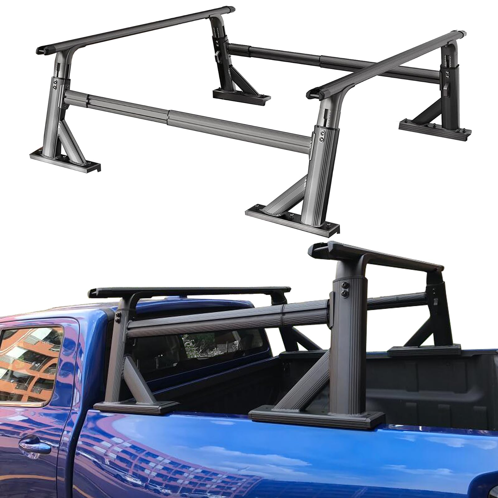 Aluminum Adjustable Pickup Bed Cargo Rack, Universal Non-Drilling Pickup Truck Bed Rack, Black