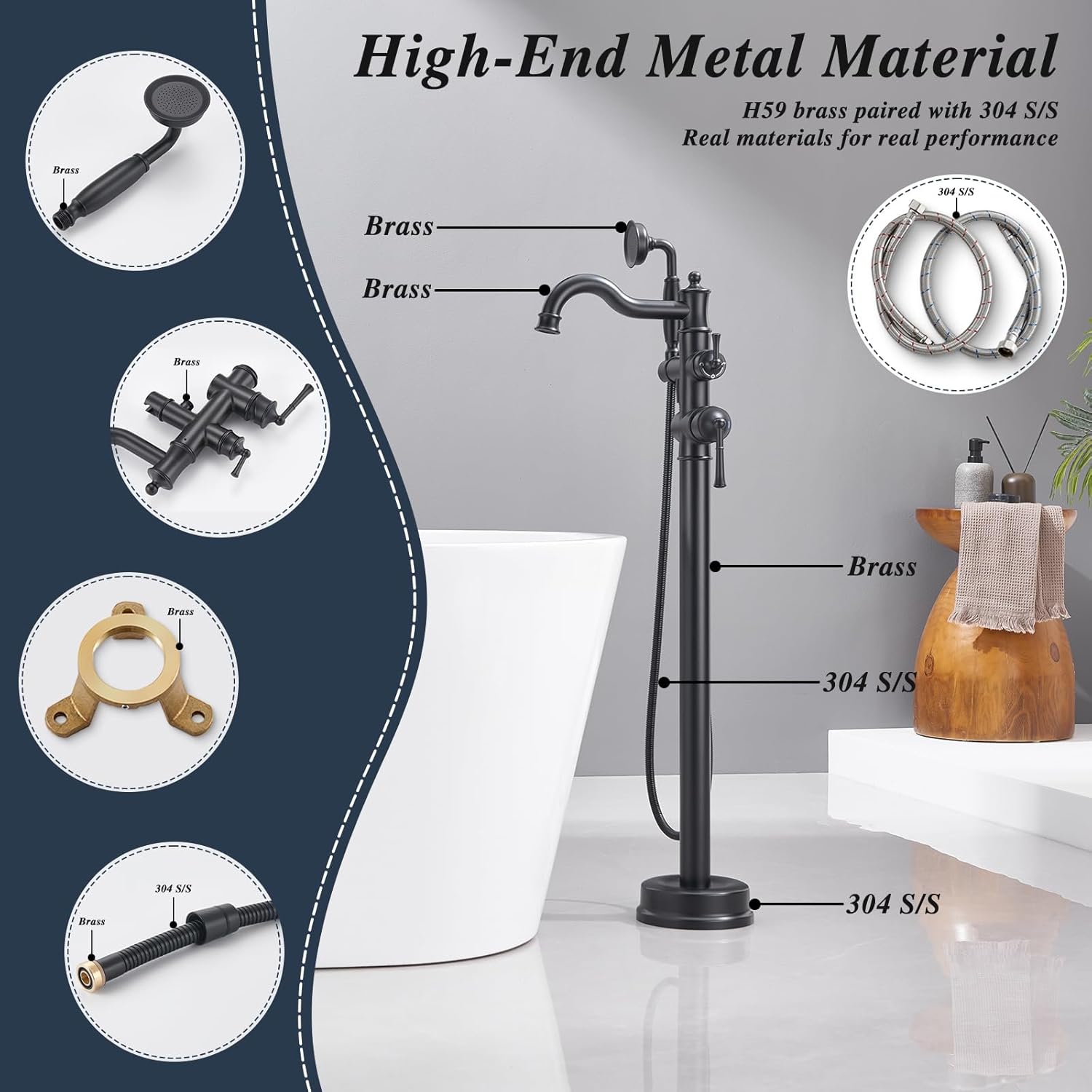 Free Standing Tub Faucet, Qinkell Classic Elegant Gooseneck Freestanding Bathtub Faucet with Sprayer Brass Luxury Floor Mount Bath Faucets High Flow Roman Tub Filler, Matte Black (QC-202511BK) - Image 3