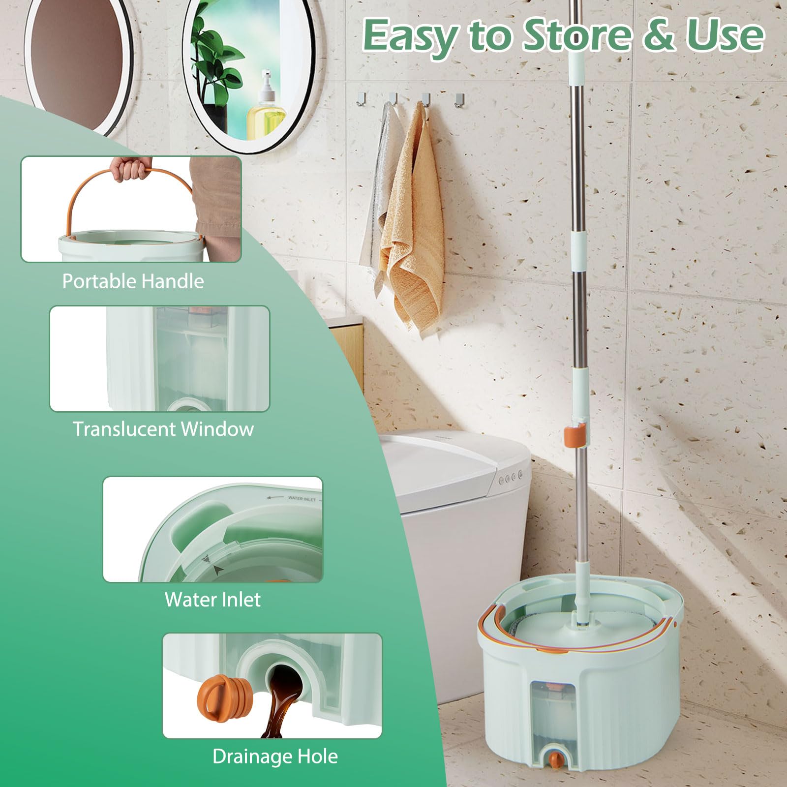 GIANTEX Set Mocio con Secchiello Doppio Vasca, Strizzacervelli 360°, Separazione Acque, Panni Riutilizzabili per Pulizia Pavimenti Domestici (Verde Chiaro)
