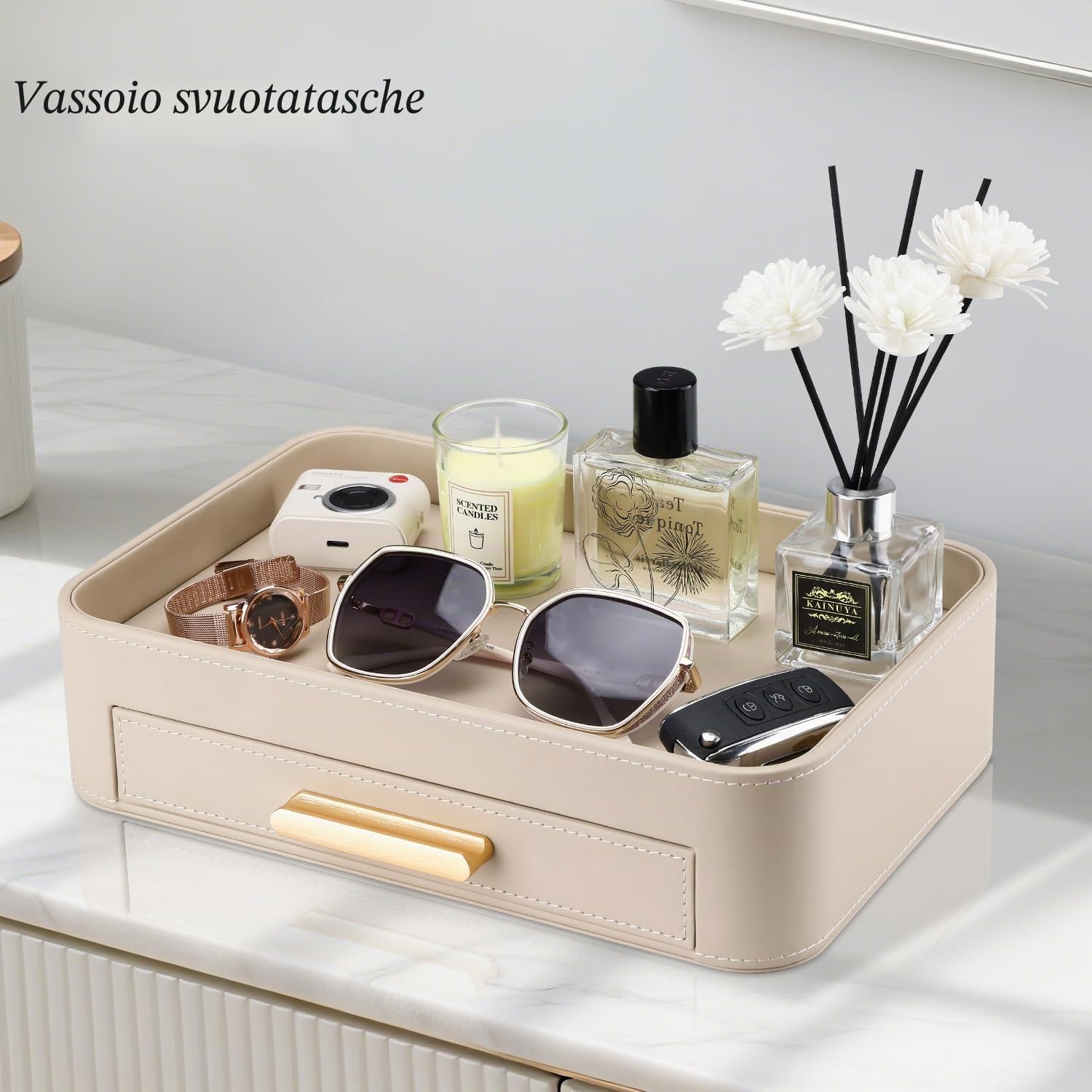 GORESE Svuotatasche, Vassoio Portaoggetti con Cassetto in Pelle Porta Gioielli Organizer per Cassetti Vassoio da Letto Organizzatore da Scrivania per Chiavi,Occhiali,Beaute,Gioielli(Beige)