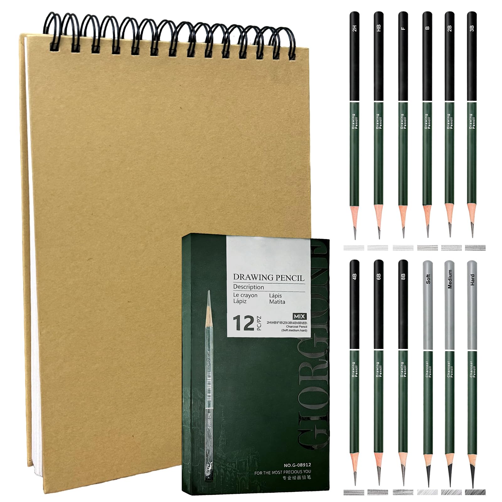 Juego de cuaderno de bocetos y lápices, tapa dura encuadernada en espiral con 60 hojas y 12 lápices de carbón (duro/medio/suave) para artistas profesionales y principiantes