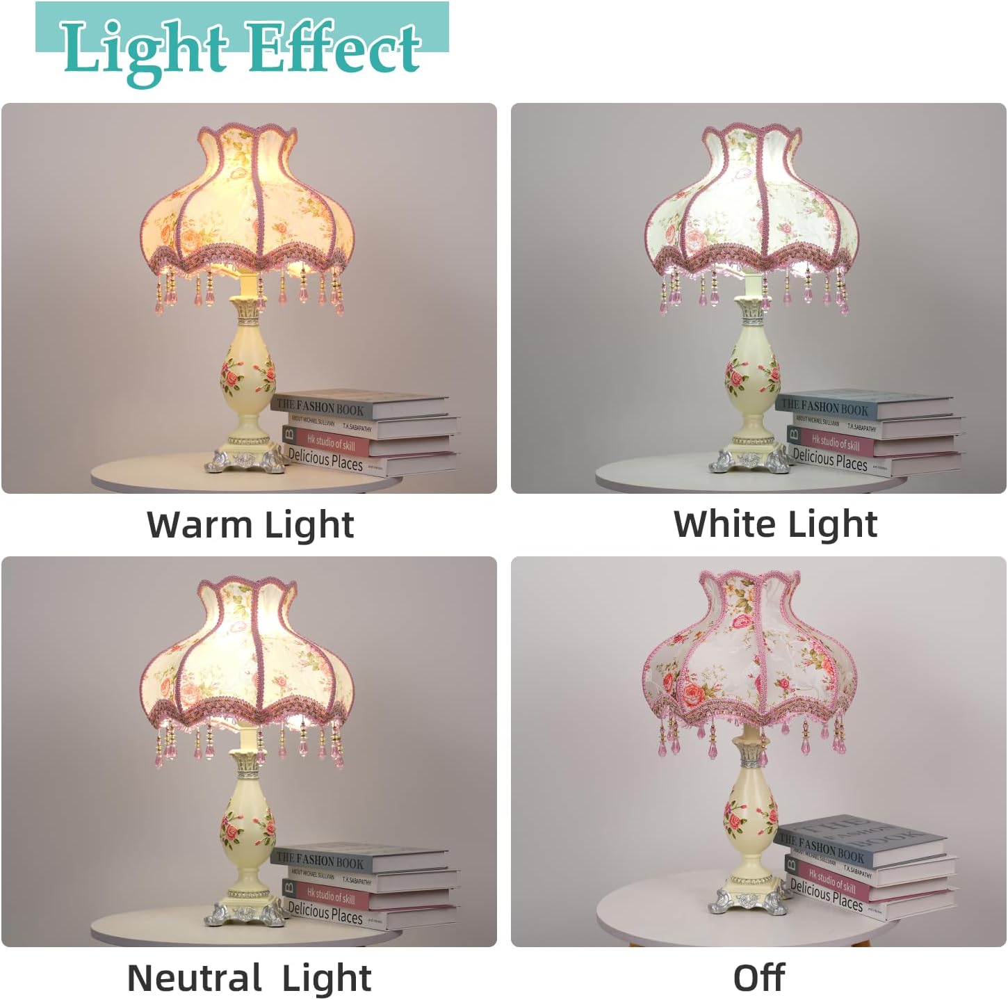 Cute Table Lamp with Fabric Lampshade, Antique Flower Decorative Bedside Desk Nightstand Lamp, Handmade Night Light for Bedroom Living Room (Pink and Beige)