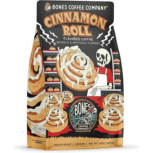 Bones Coffee Company Cinnamon Roll Flavored Coffee, Medium Roast Low Acid Arabica Beans Compatible with Auto drip and French Press Coffee Maker, 12 Oz Ground