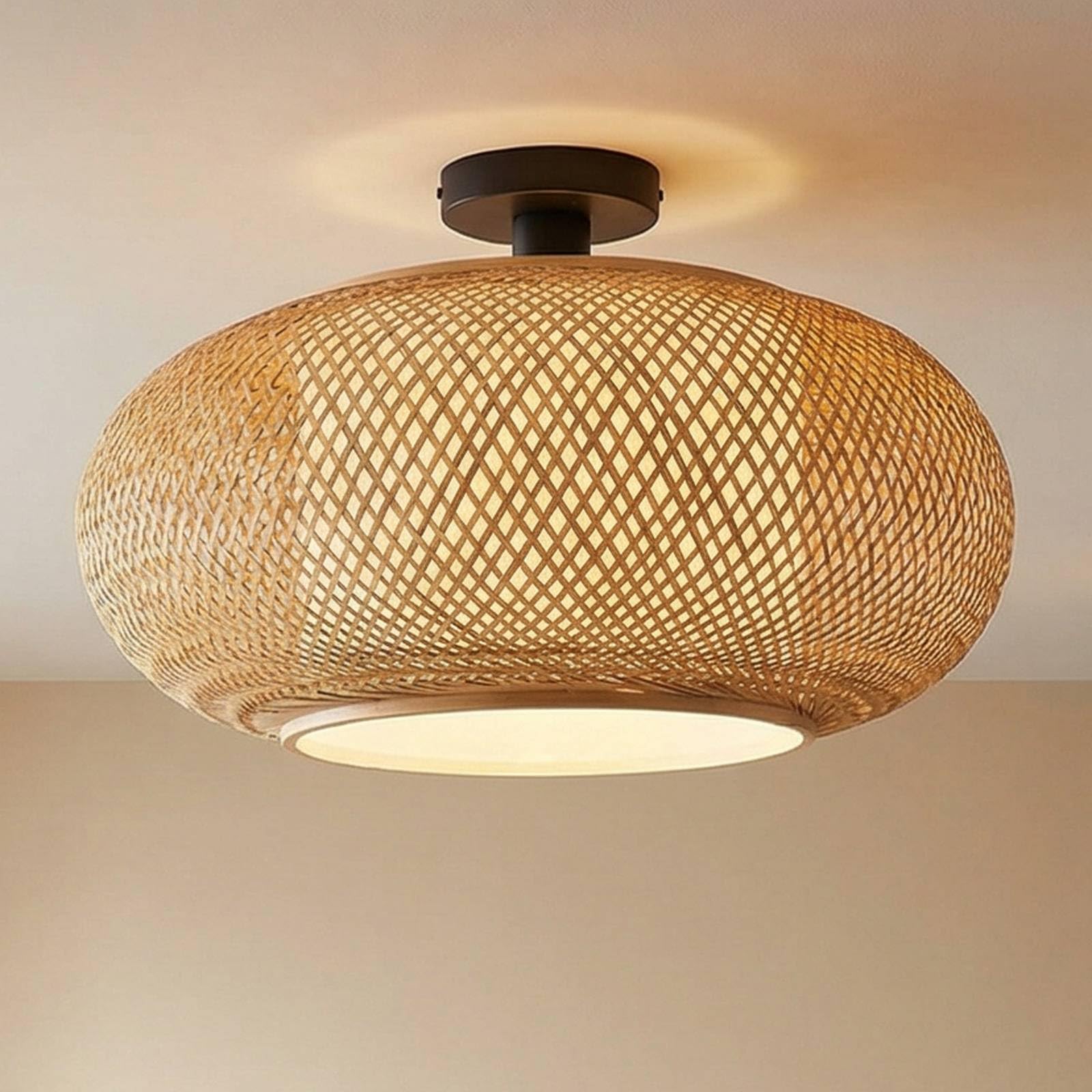 Lindby Bombillas LED lámpara de techo en madera, blanco, plafón redondo | lámpara de salón, e27, rústico, casa de campo, de bambú para sala de estar, salón, comedor