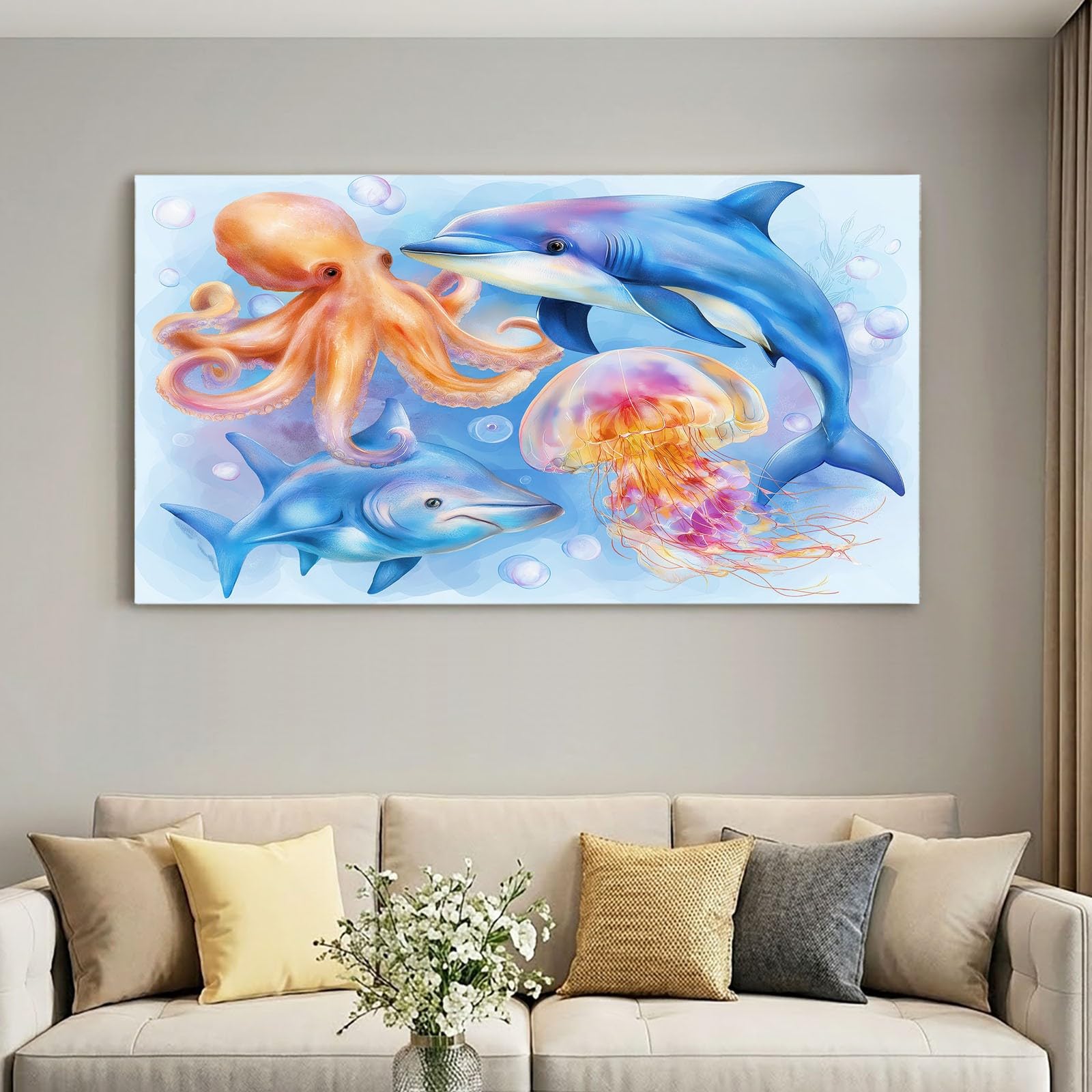 Obraz na płótnie z kreskówki 120 x 60 cm niebieski zwierzę delfin ośmiornica meduza - obraz na płótnie na drewnianej ramie i dekoracja do salonu i sypialni