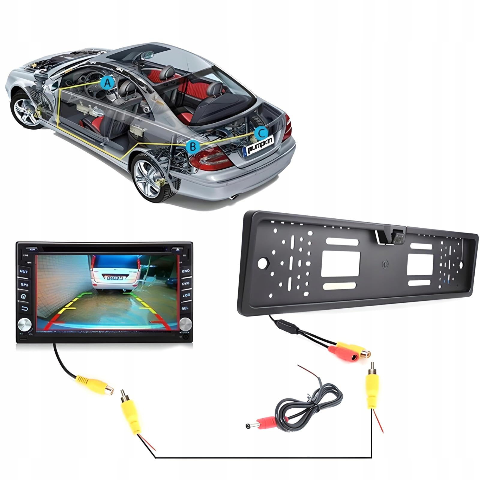 Retoo Kentekenplaathouder met 170° achteruitrijcamera, IP68, kentekenplaathoudercamera, 656 x 492 px, 12V stof- en waterdicht, kabellengte 6m, camera in kentekenplaathouder