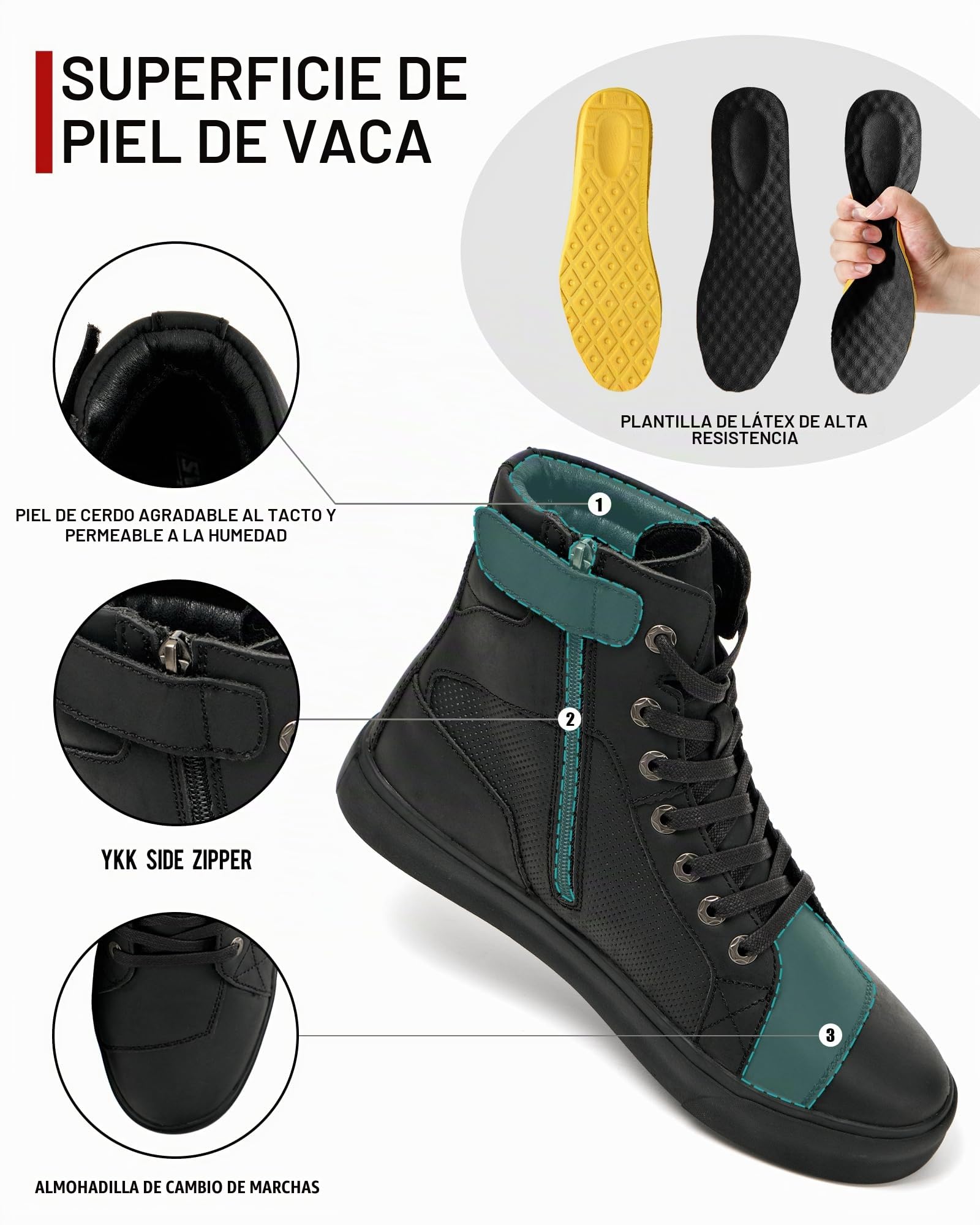 Zapatos de Moto para Hombre de Cuero Botas de Moto Zapatillas de Deporte de Moto Transpirable Informal Cremallera con Almohadilla de Cambio Suela Antideslizante (Negro, 45)