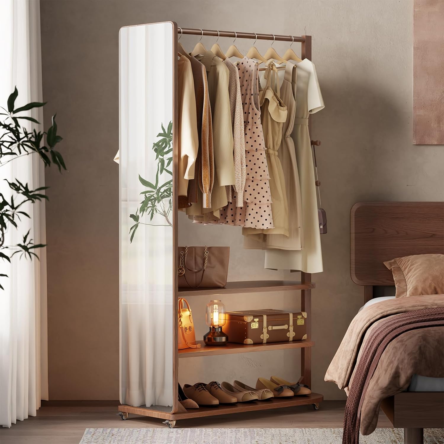 Solid Wood Full Length Mirror Clothes Rack,70" x 40" x 16" Oversize Standing Mirror Full Length with Brake Wheels, Floor Mirror for Living Room, Entryway, Bedroom (Walnut)