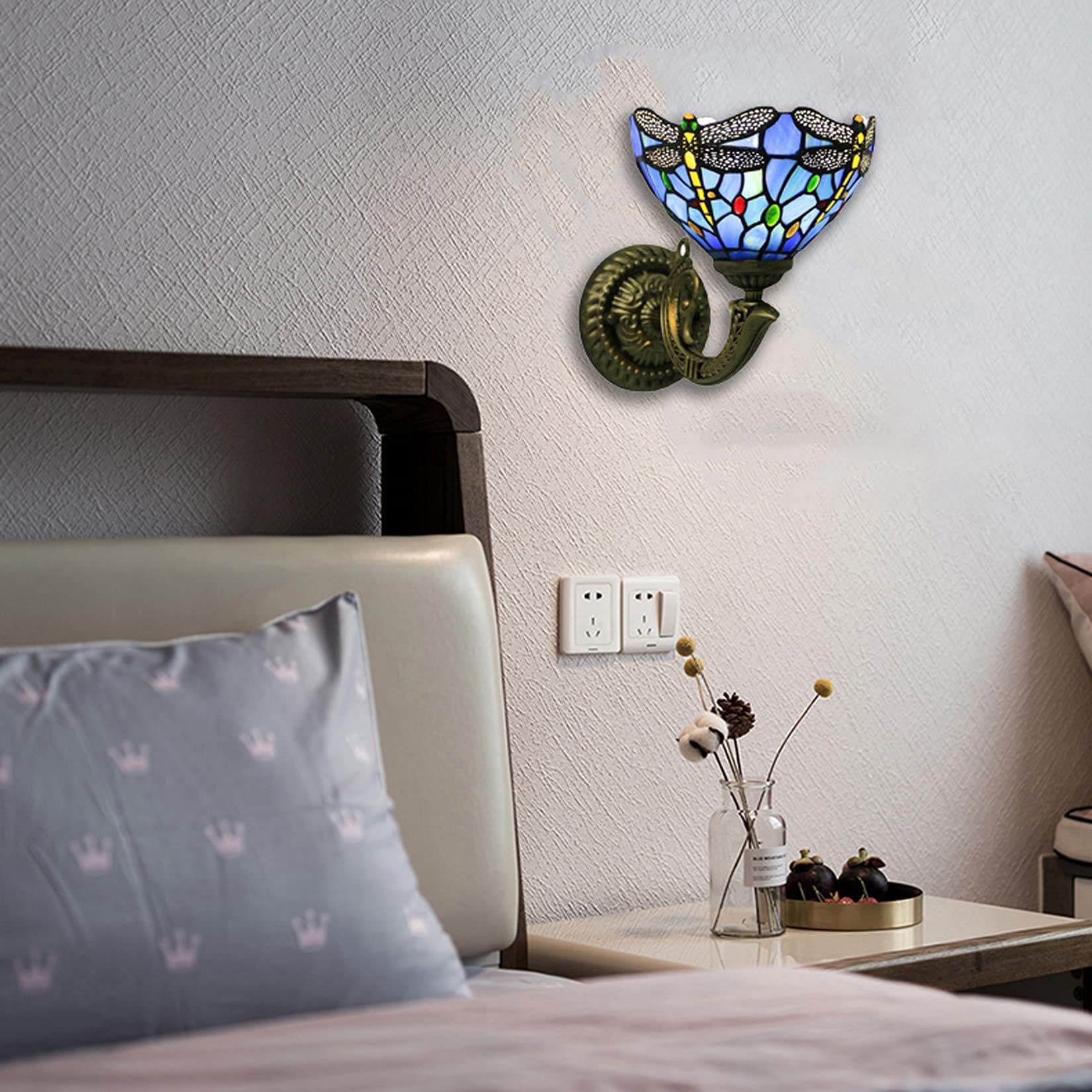 Aplique de Pared Estilo Tiffany mediterráneo para Interiores, lámpara de Pared Retro de vidrieras con Pantalla de 19,8 cm para mesita de Noche, Pasillo o balcón.