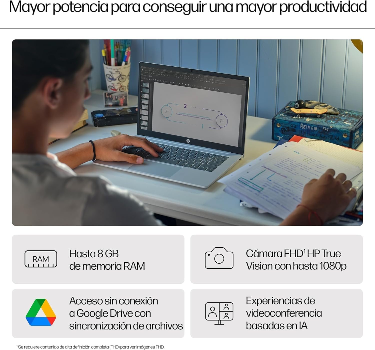 HP Chromebook - Ordenador portátil de Google 14" FHD (Intel N100, 8GB RAM, 128GB eMMC, ChromeOS) + Suscripción Google AI Pro con Gemini Pro y 5TB de Almacenamiento Durante 3 Meses - QWERTY Español