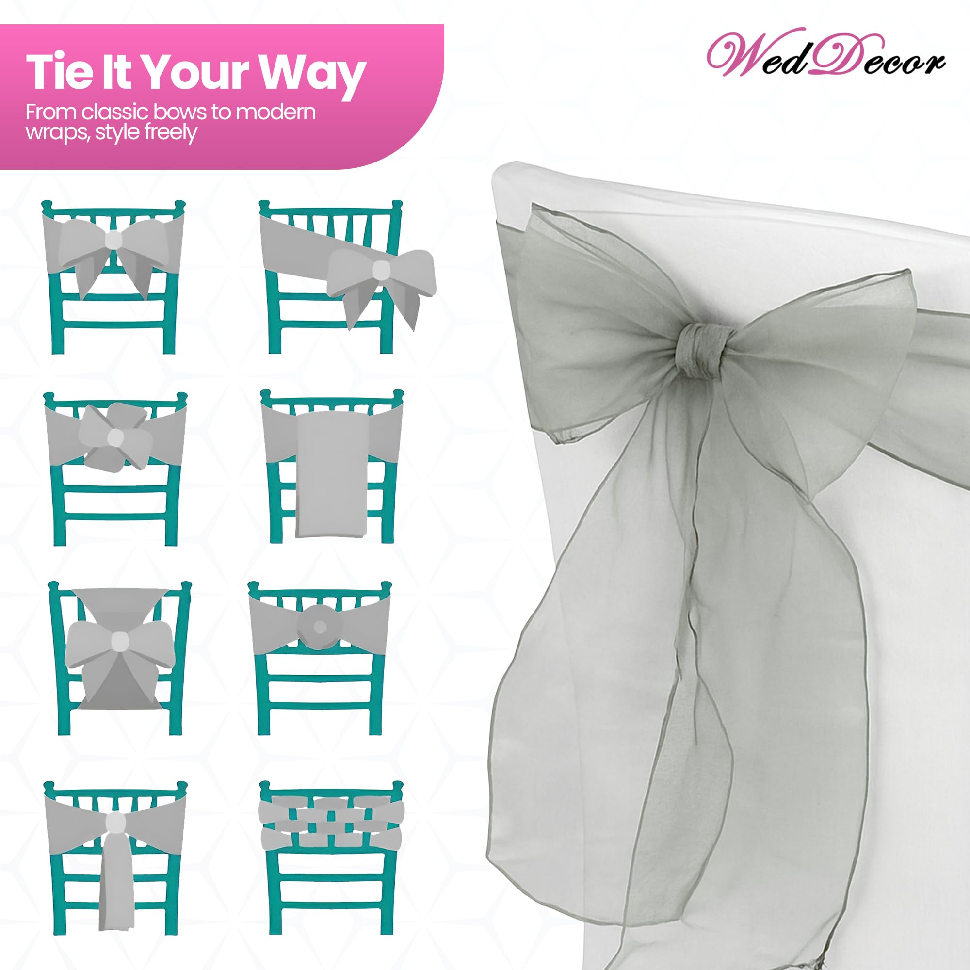 WedDecor Organza Écharpe pour Housses Chaise Fuller Nœud Rubans en Or Ancien pour Banquet, Anniversaire, Anniverysary, Noël Fêtes,Événement Décoration,17cm x 280cm - Argent