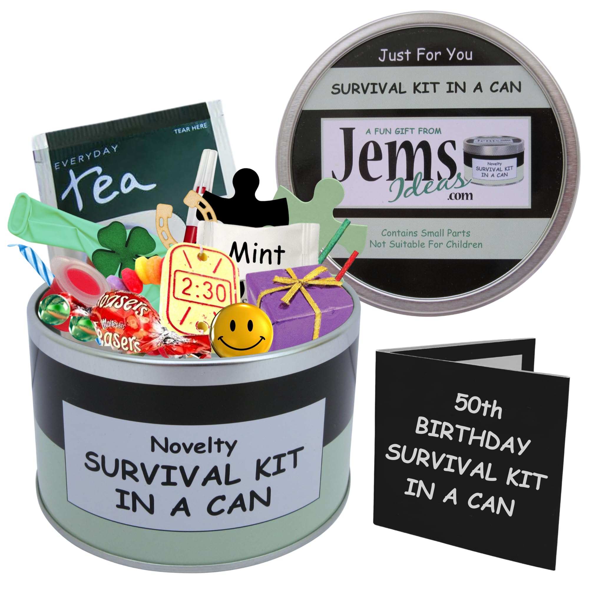 50TH BIRTHDAY SURVIVAL KIT IN A CAN. Happy 50th Birthday All In One Gift & Card. Novelty Fun - Humorous Present. Customise Your Can Colour. (Black/Mint)