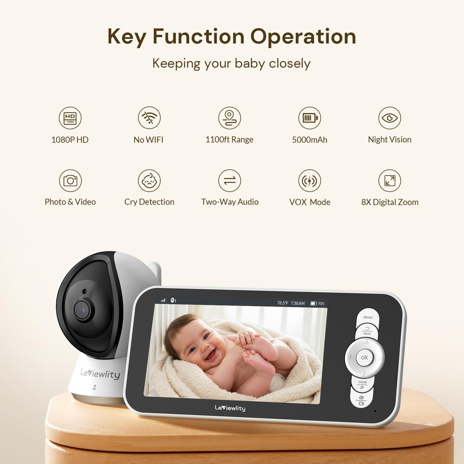 Moniteur pour bébé avec caméra et audio, moniteur vidéo HD 1080p de 5 pouces avec batterie de 30 heures, 5000 mAh et portée de 305 m, zoom 8x, vision nocturne infrarouge, mode VOX,
